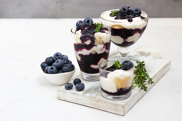 Tiramisu. Homemade dessert in glasses with blueberries, cream and ladyfingers garnish with...