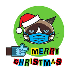 Grumpy cat in mask, gloves and christmas hat