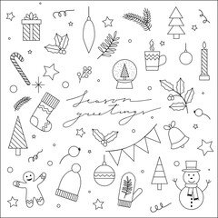 Set of Christmas icons - snowman, gift box, objects, decorations, vector illustration isolated on white background. Collection of Chrismas line art doodles