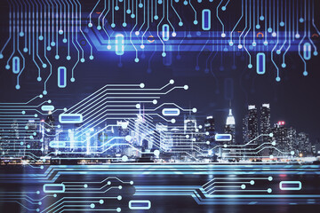 Data theme hologram drawing on city view with skyscrapers background multi exposure. Ai concept.