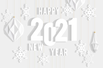 Stylish New Year greetings. Christmas toys and numbers are made of paper and located on a paper background. - 393300599