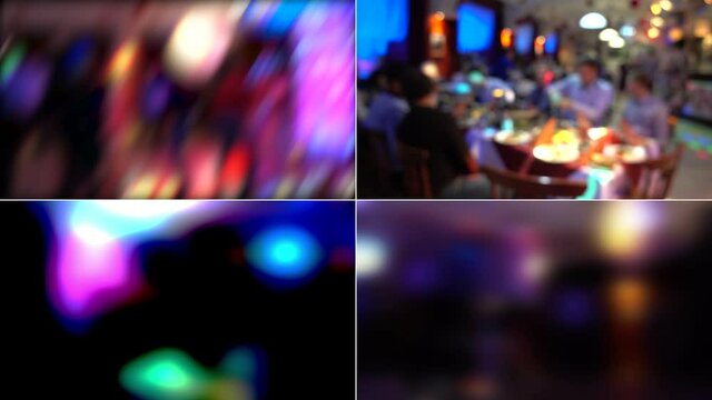 Defocused disco. Festive lights, colored lights and dancing people. Blurred image of a party in a restaurant or nightclub, a crowd of people having fun. Split screen.