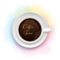 White coffee cup and saucer top view on abstract spotted background