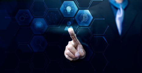 Business and technology modern telecommunication digital network access control, business man work flow holding graphical icon hologram autonomous, copy space banner city communication background