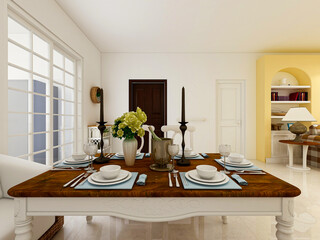 spacious dining room design next to the modern kitchen, with a beautiful dining table and greenery
