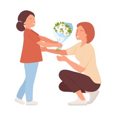 Giving flowers to mom. Mother day concept. Vector