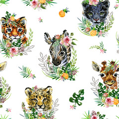 cute little tropical animals seamless pattern. watercolor wild nature illustration. animal print. zebra, giraffe, tiger, cheetah, leopard