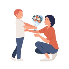 Giving flowers to mom. Mother day concept. Vector