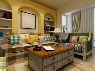 spacious living room design of modern residence, with sofa, tea table, decorative painting, etc