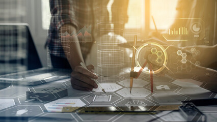 Architecture engineering civil project modern smart technology close up compass building blocks planning blueprint design construction work in office futuristic graphic icon concept digital background