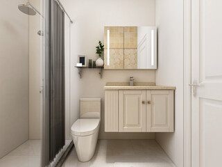 Fototapeta na wymiar Clean modern residential bathroom and toilet design, which is equipped with washstand, toilet and shower equipment, etc.