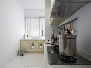 Modern family kitchen design, new cabinets and kitchenware with refrigerators, sunlight from the window.