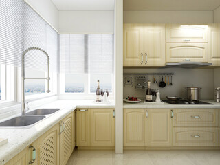Modern family kitchen design, new cabinets and kitchenware with refrigerators, sunlight from the window.