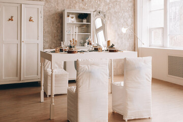 New Year's festive table setting, cutlery, decorations, New Year's decor, Christmas serving