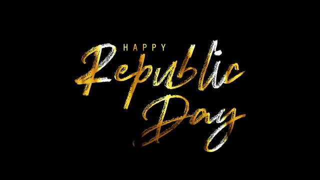 Happy Republic Day Greeting golden handwriting text with looping reflection light effect isolated on black. 4K 3D seamless looping Happy Republic Day celebration effect element concept .