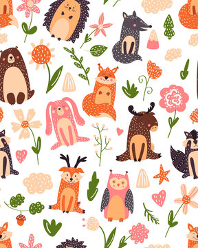 Vintage floral seamless pattern with forest animals: bear, fox, owl, rabbit. Vector background with butterflies, snail, trees and flowers.