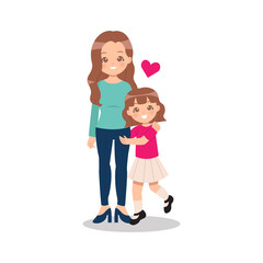 Young single parent mother with her daughter. Girl embrace her mom with love. Flat vector style.