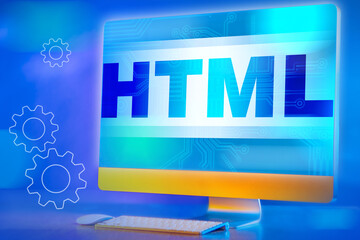 Learning HTML development. HTML inscription on a computer monitor. Computer programmer on a blue...