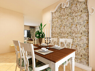  spacious dining room design next to the modern kitchen, with a beautiful dining table and greenery