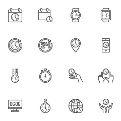 Clock time line icons set, outline vector symbol collection, linear style pictogram pack. Signs, logo illustration. Set includes icons as calendar with clock, telephone, wrist watch, stopwatch