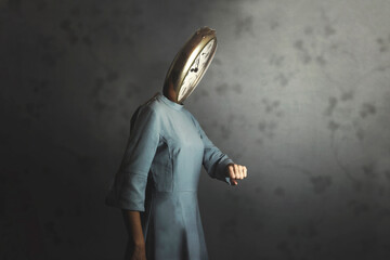 surreal woman with clock in place of face checks time pass