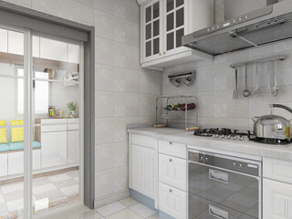 Modern family kitchen design, new cabinets and kitchenware with refrigerators, sunlight from the window.