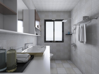 Clean modern residential bathroom and toilet design, which is equipped with washstand, toilet and shower equipment, etc.