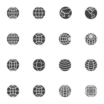 Globe grid vector icons set, modern solid symbol collection, filled style pictogram pack. Signs, logo illustration. Set includes icons as global network connection, geography earth globe planet