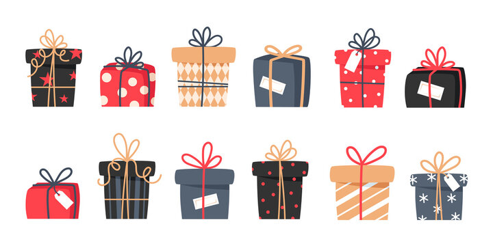 Set of Christmas gifts, New Year presents, gift boxes with ribbons, vector illustration in flat style