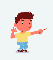 cartoon character of little boy on jeans doubts while pointing to the side with a pencil.