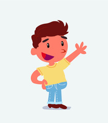  cartoon character of little boy on jeans explaining something while pointing.