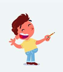 cartoon character of little boy on jeans is happy while pointing to the side with a pencil.