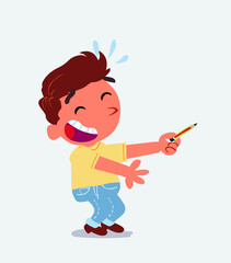 cartoon character of little boy on jeans laughs while pointing to the side with a pencil.