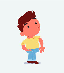  cartoon character of little boy on jeans looks with doubt and somewhat surprised.