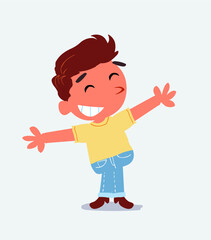 cartoon character of little boy on jeans opening arms very happy.