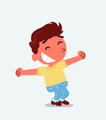 Euphoric little boy on jeans in funny cartoon character