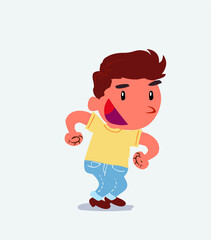 Euphoric cartoon character of little boy on jeans makes plans.