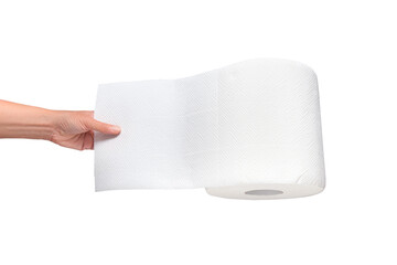 Woman hand pulling paper towel roll, isolated