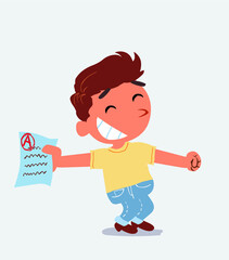 happy cartoon character of little boy on jeans rejoices with exam in hand.