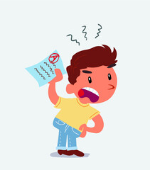 little boy on jeans waving a exam angrily.
