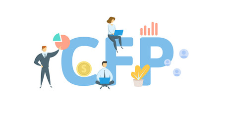 CFP, Certified Financial Planner. Concept with keywords, people and icons. Flat vector illustration. Isolated on white background.