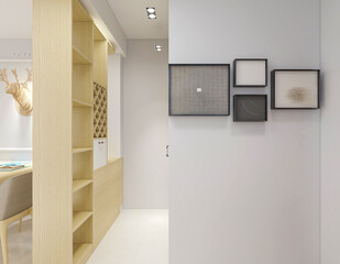 clean and tidy modern living room design, entrance with shoe cabinet, sofa, TV, table, leisure chair and other facilities