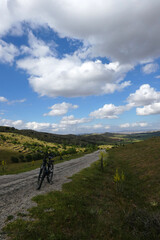 Fototapeta premium nature trip, bicycle handlebar and nature scenery, nature trip with bicycle,