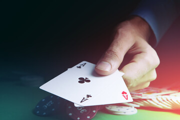 Gambling .Close-up cards for playing poker on a gaming table in a casino