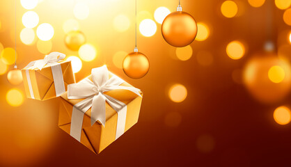 Gold christmas gifts and hanging bauble against bokeh lights background