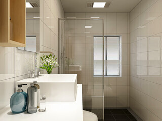 ,Clean modern residential bathroom and toilet design, which is equipped with washstand, toilet and shower equipment, etc.