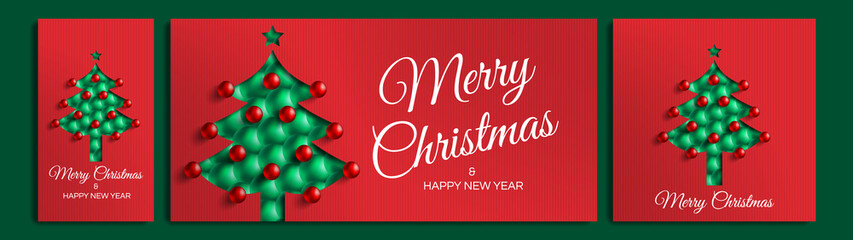 merry christmas and happy new year greeting cards banners posters set for social media with spruce tree from spheres vertical horizontal and square 