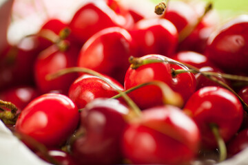 Macro close up of ripe red cherries.
