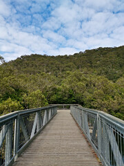 Beautiful view of suspension foot bridge over a creek, Bobbin Head, Ku-ring-gai Chase National Park, Sydney, New South Wales, Australia
