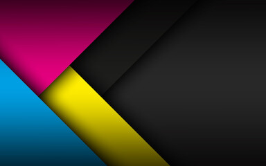 Black modern material background with overlapped sheets of paper in cmyk colors. Template for your business. Vector abstract widescreen background